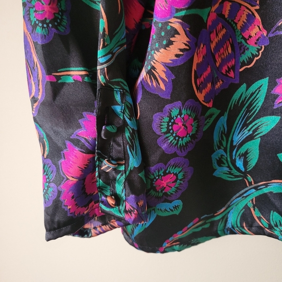 Vintage 80s Oscar De La Renta Dark Floral Satin Long Sleeve Blouse Size 14 - Picture 7 of 8